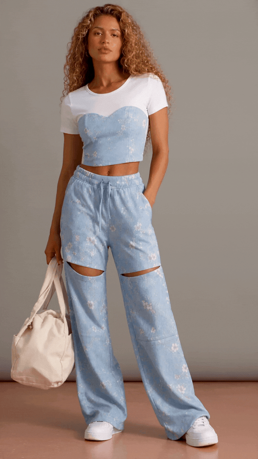 Conjunto Azucena floral azul para mujer en movimiento, con top blanco tipo corsé y pantalón floral azul | MATTEA