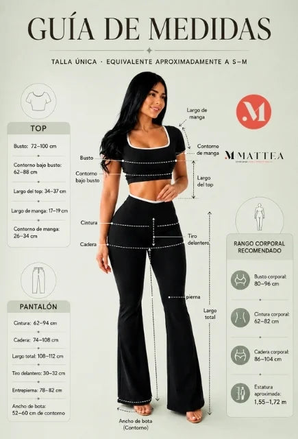 Guía de medidas del conjunto MATTEA de crop top y pantalón bota campana, talla única equivalente a S–M
