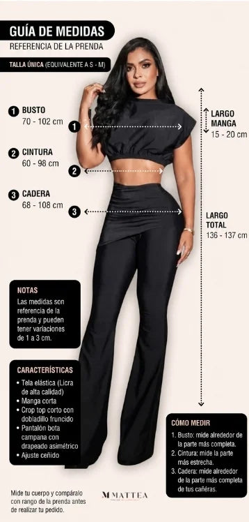Guía de medidas  conjunto negro MATTEA con crop top de manga corta, drapeado asimétrico y pantalón bota campana