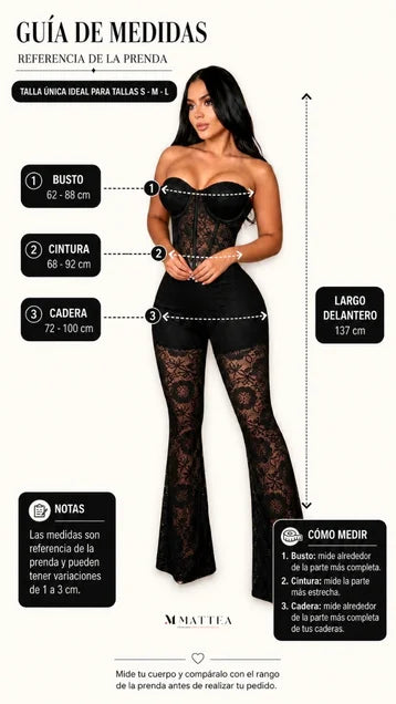 Enterizo negro MATTEA con corsé strapless, blonda floral transparente y pantalón bota campana