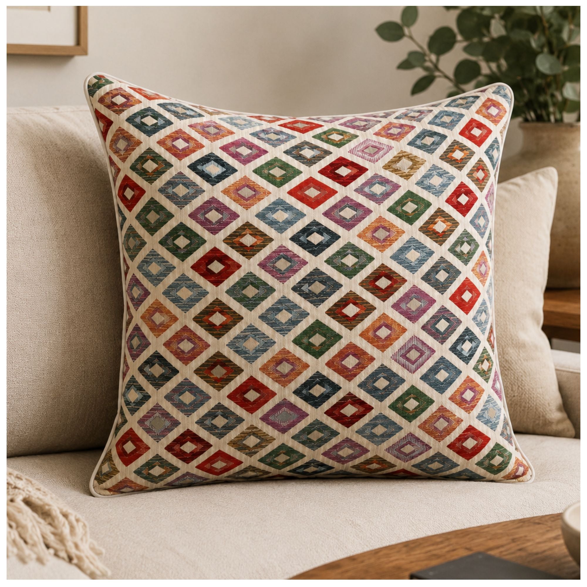 Cojín Lisboa Multicolor ambientado sobre un sofá en una sala de tonos neutros
