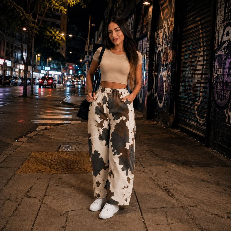 Nina - Conjunto beige con pantalón manchas café