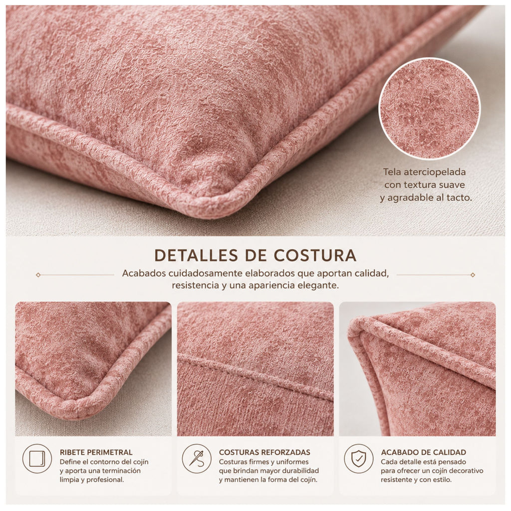 Detalle de textura y costuras del cojín Verona rosa viejo