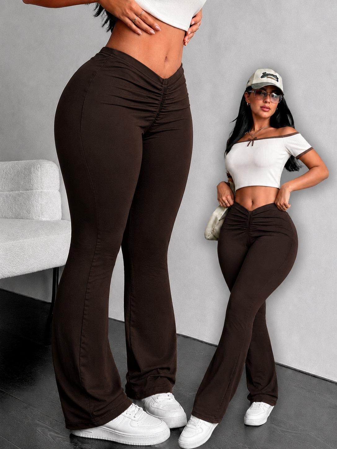 Conjunto Antonella café con pantalón flare y top blanco