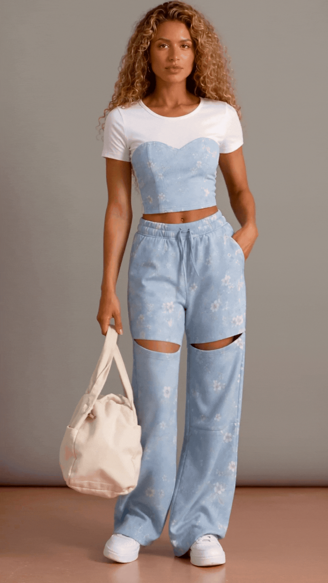 Detalles del conjunto Azucena floral azul: top blanco con efecto corsé y pantalón floral azul de pierna amplia | MATTEA