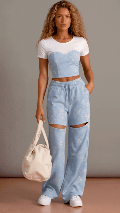 Detalles del conjunto Azucena floral azul: top blanco con efecto corsé y pantalón floral azul de pierna amplia | MATTEA