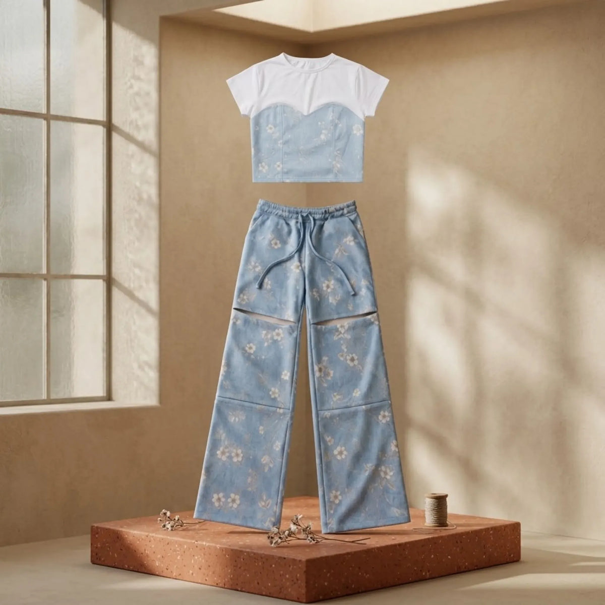 Conjunto Azucena floral azul de dos piezas con top blanco tipo corsé y pantalón floral azul | MATTEA