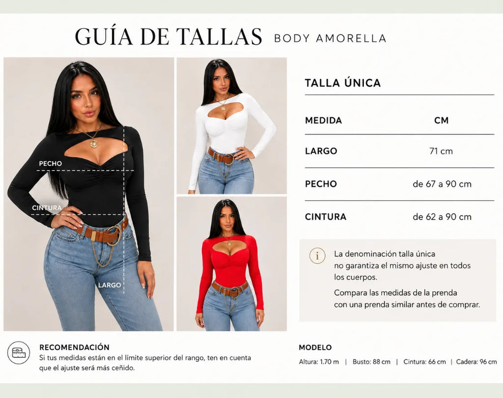 Guía de medidas del body Amorella manga larga talla única.