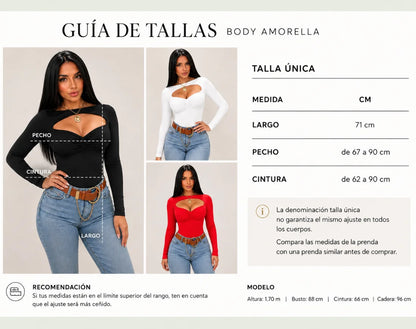 Guía de medidas del body Amorella manga larga talla única.