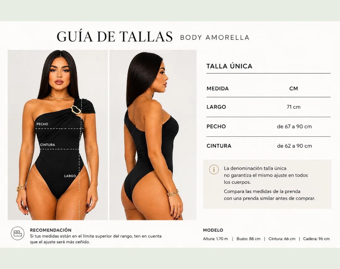 Guía de medidas del body asimétrico Amorella talla única: largo 71 cm, pecho 67 a 90 cm y cintura 62 a 90 cm.