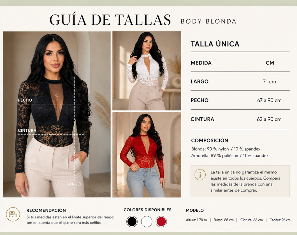 Guía de medidas del body de blonda floral talla única: largo 71 cm, pecho de 67 a 90 cm y cintura de 62 a 90 cm.