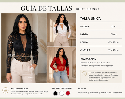 Guía de medidas del body de blonda floral talla única: largo 71 cm, pecho de 67 a 90 cm y cintura de 62 a 90 cm.