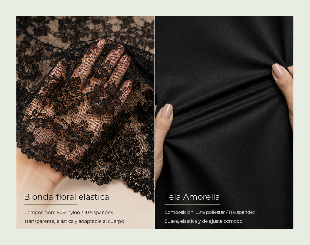 Comparación de la blonda floral elástica transparente y la tela Amorella utilizada como forro sobre el busto.