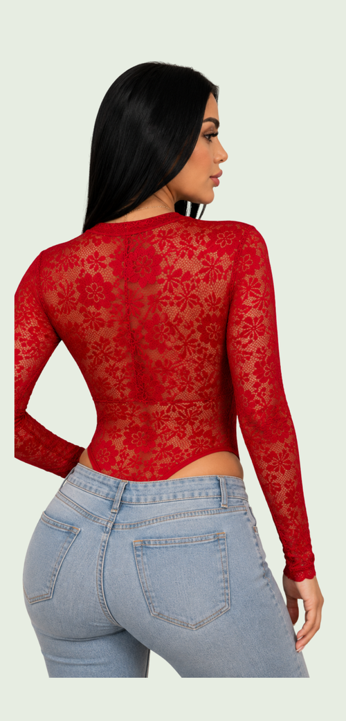 Body de blonda floral rojo para mujer, vista posterior con espalda semitransparente.