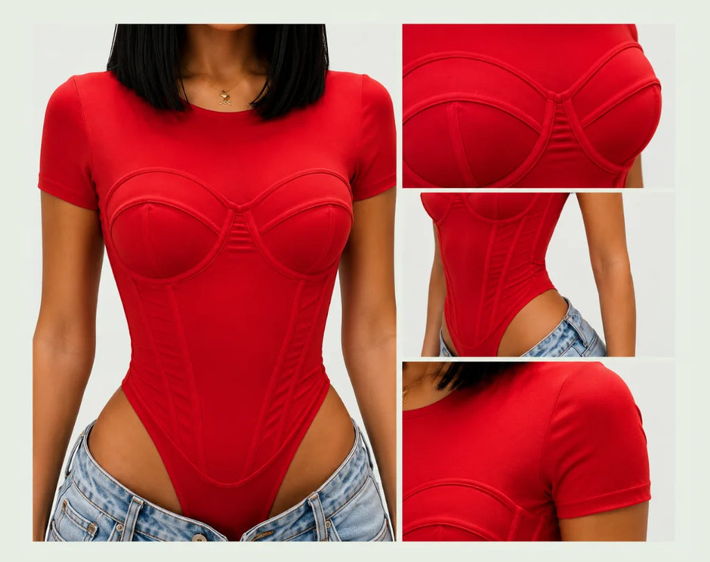 Detalle frontal del body rojo Amorella de manga corta con costuras curvas y terminación en punta.
