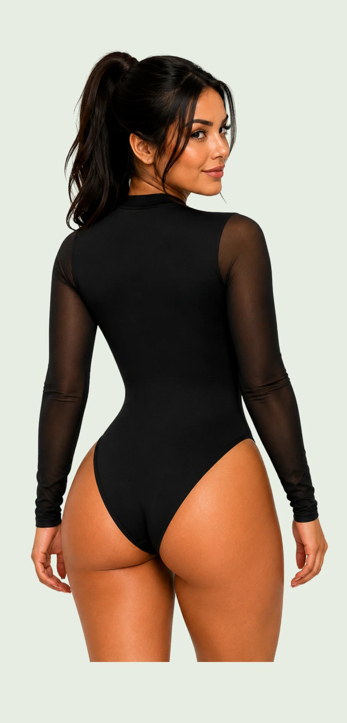 Vista posterior del Body Mesh Elegance negro con espalda opaca y mangas largas transparentes de Mallatex.