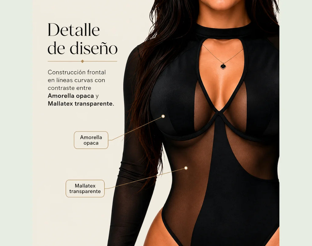 Detalle frontal del Body Mesh Elegance negro con paneles de Licra Amorella y transparencias de Mallatex.