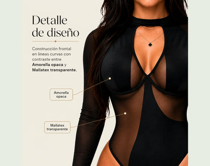 Detalle frontal del Body Mesh Elegance negro con paneles de Licra Amorella y transparencias de Mallatex.