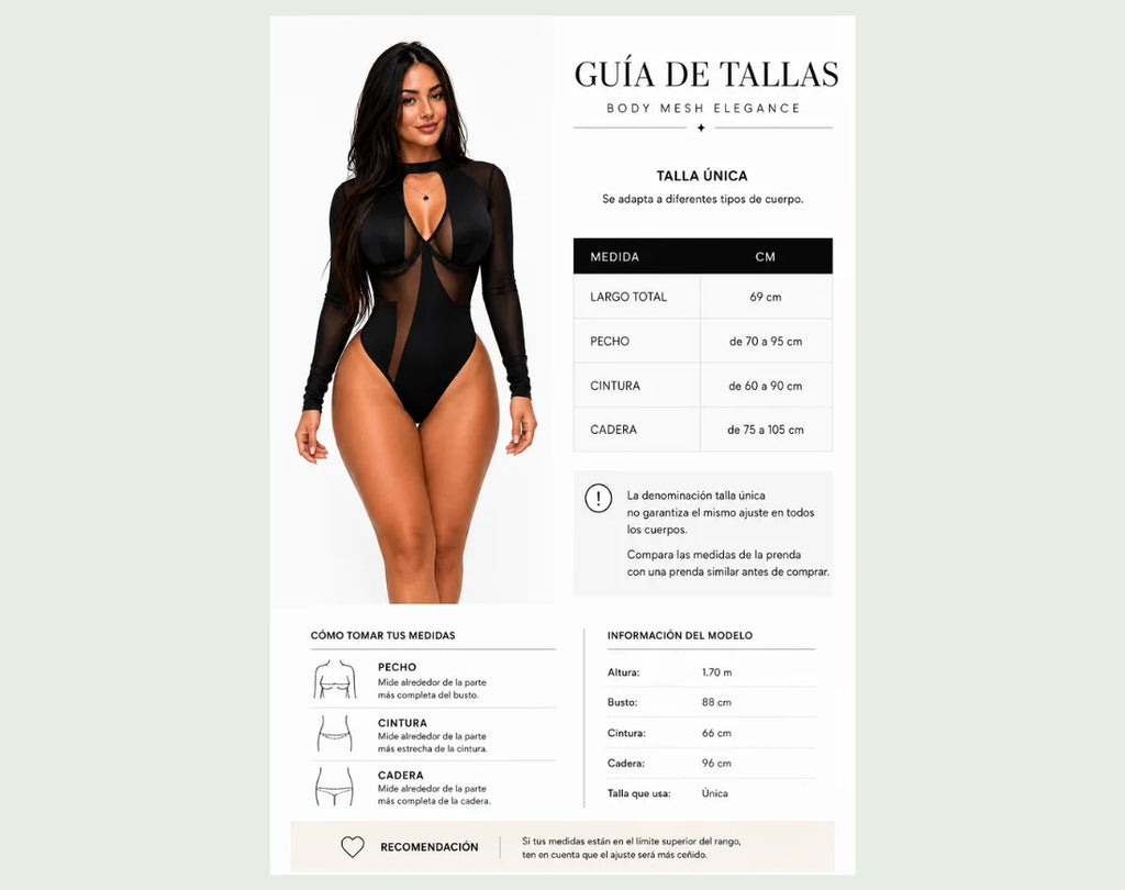 Guía de medidas del Body Mesh Elegance talla única: largo 69 cm, pecho 70 a 95 cm, cintura 60 a 90 cm y cadera 75 a 105 cm.
