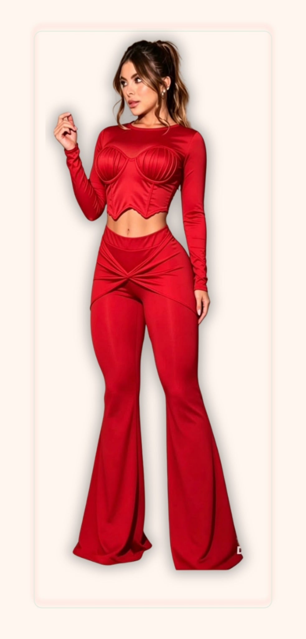 Conjunto corsé rojo de manga larga con pantalón campana en Licra Amorella