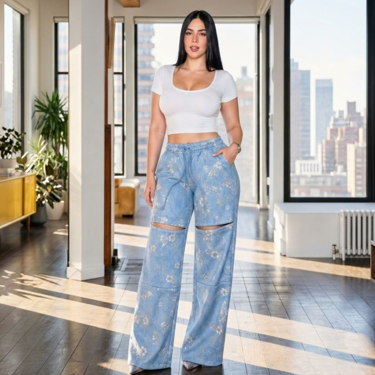 Conjunto Dalia floral azul para mujer, vista frontal con top blanco y pantalón estampado, combinado con tacones | MATTEA