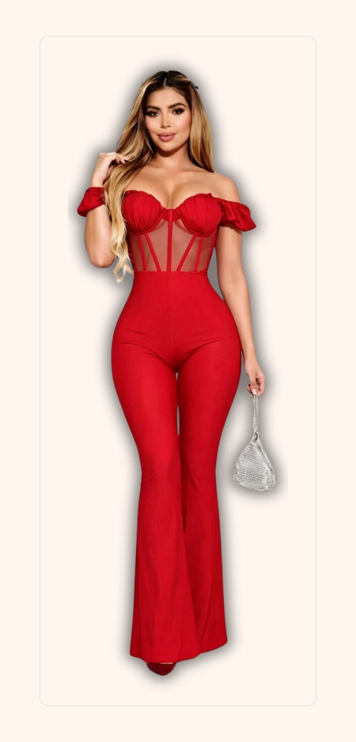 Enterizo corsé rojo de hombros descubiertos en licra Amorella, vista frontal