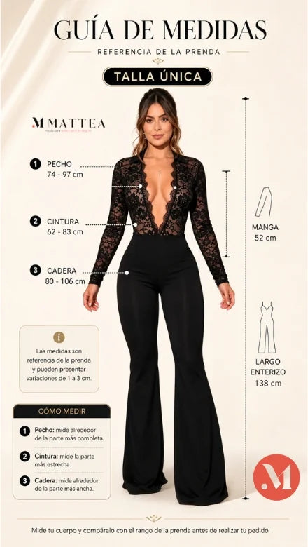 Guía de tallas de Enterizo negro con escote profundo en V, manga larga de blonda floral y pantalón bota campana en Licra Amorella. Disponible en talla única.