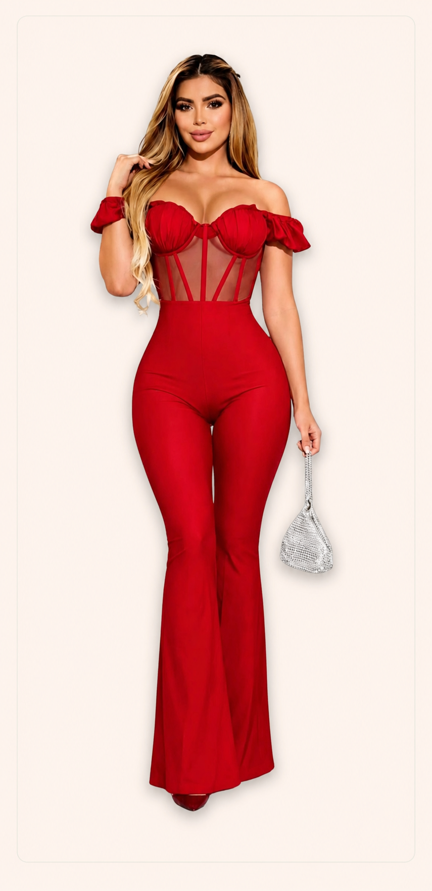 Enterizo rojo con corsé estructurado, hombros descubiertos y pantalón bota campana EZ-CH-RJ-026