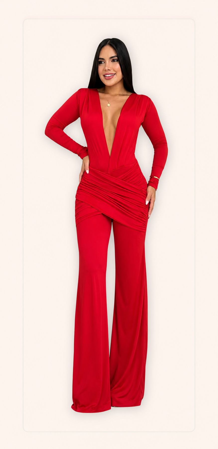 Enterizo rojo con escote profundo, drapeado en cintura y pantalón amplio EZ-ED-RJ-025