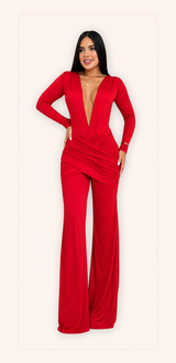 Enterizo rojo de manga larga con escote profundo y pantalón de pierna amplia ENT-RJ-025
