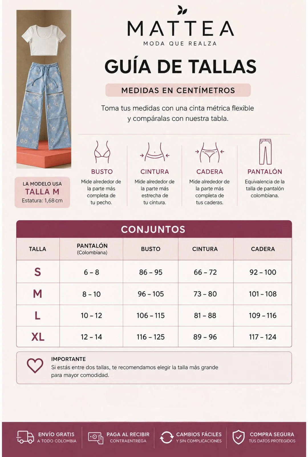 Guía de tallas MATTEA para el conjunto Dalia floral azul, con medidas de busto, cintura, cadera y equivalencia de pantalón en tallas S, M, L y XL.