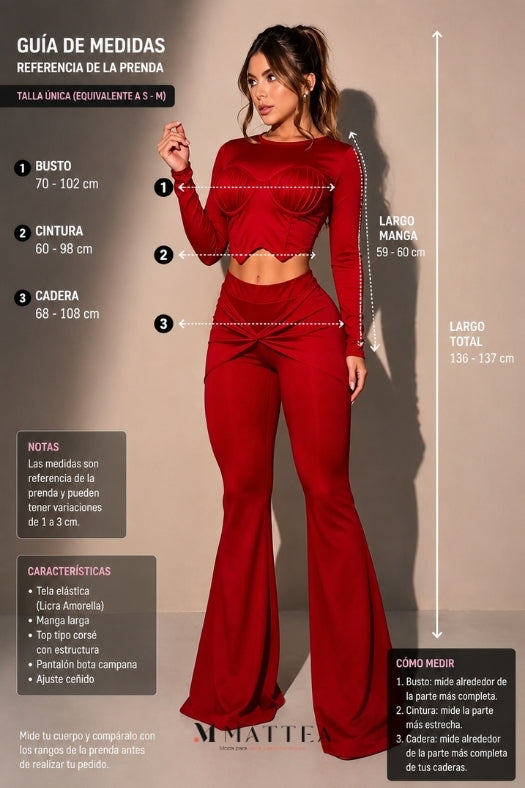Guía de medidas estiradas del conjunto corsé de manga larga con pantalón campana MATTEA