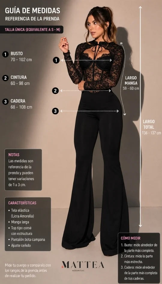 Guía de medidas del enterizo negro de blonda y licra Amorella en talla única, con busto 70 a 102 cm, cintura 60 a 98 cm, cadera 68 a 108 cm, manga 59 a 60 cm y largo total 136 a 137 cm