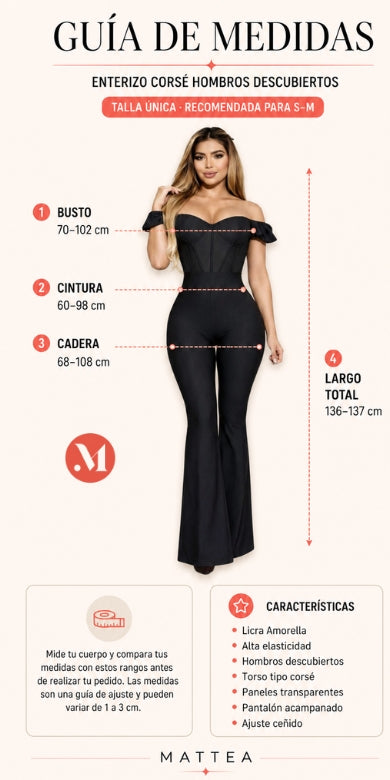 Guía de medidas del enterizo corsé MATTEA con rangos de busto, cintura, cadera y largo