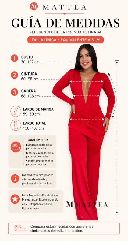Guía de medidas del enterizo rojo MATTEA con escote profundo, drapeado cruzado y talla única S–M
