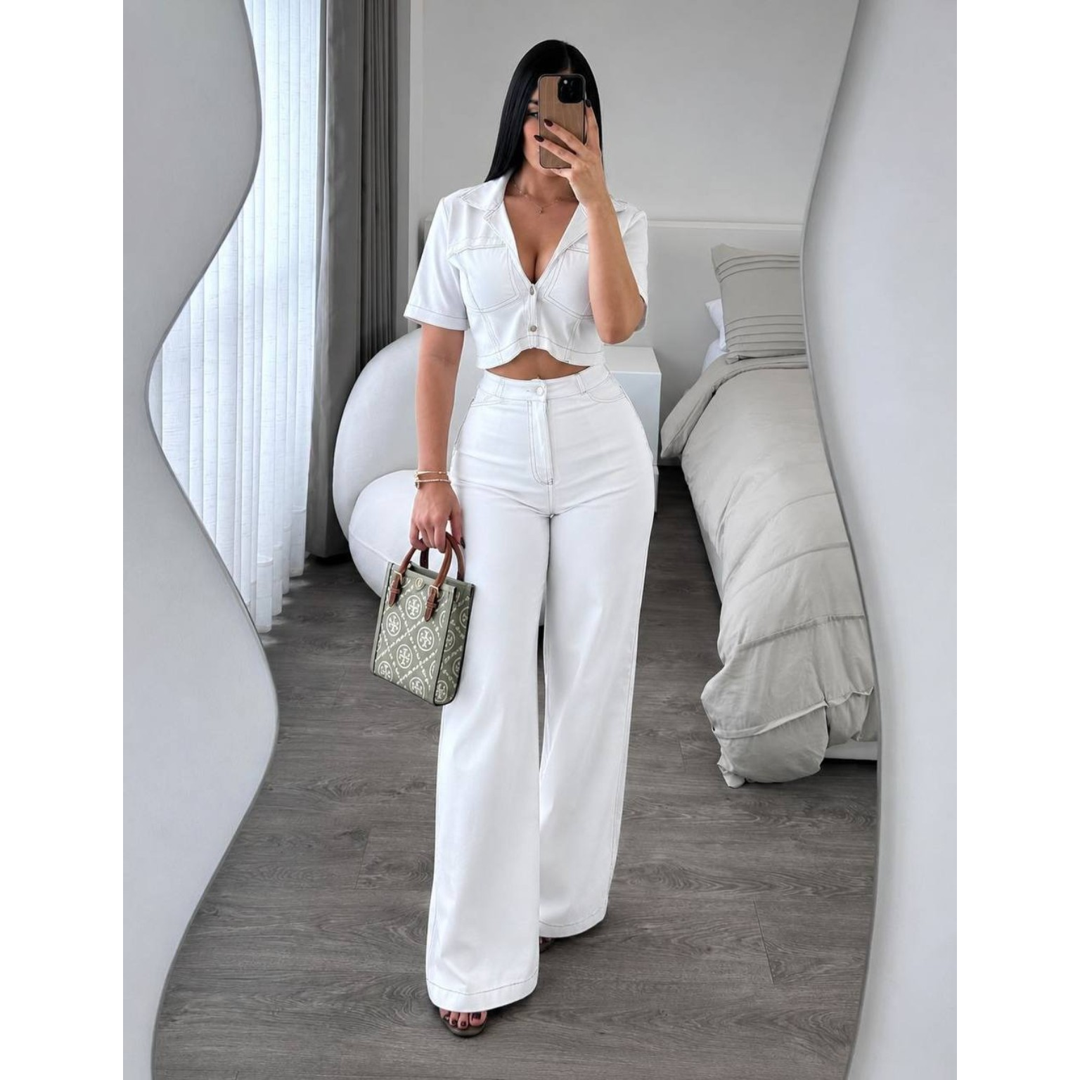 Renata - conjunto blanco camisero con pantalón palazzo